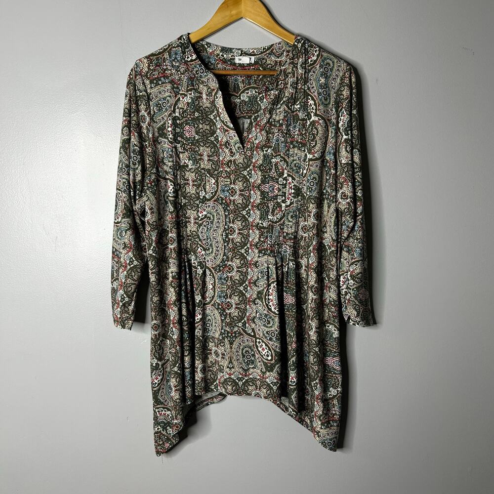 Westport Paisley Blouse Women’s 1X Asymmetrical Hem Pintuck Bohemian Hippie Boho